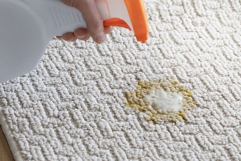 a person is cleaning vomit from carpet with a spray bottle