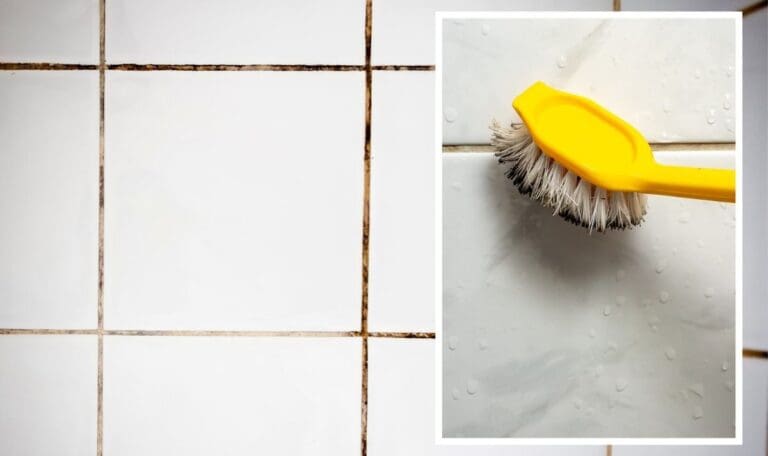 close shot of a dirty grout between the titles and a close shot of brush cleaning dirty grout.