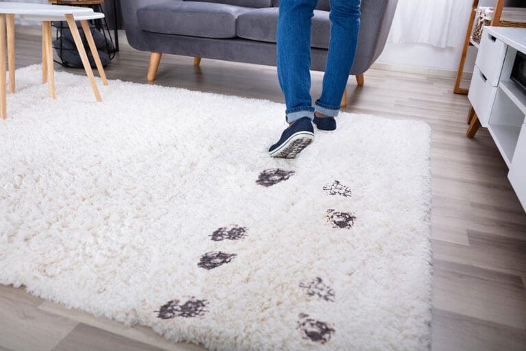 close shot of a person's legs walking on rug and leaving dirty footprints on white rug