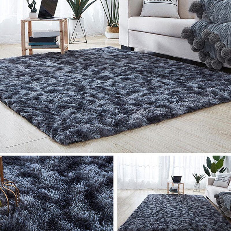 three pictures of a neat, clean and fresh smelling rug, rug color is black and white.