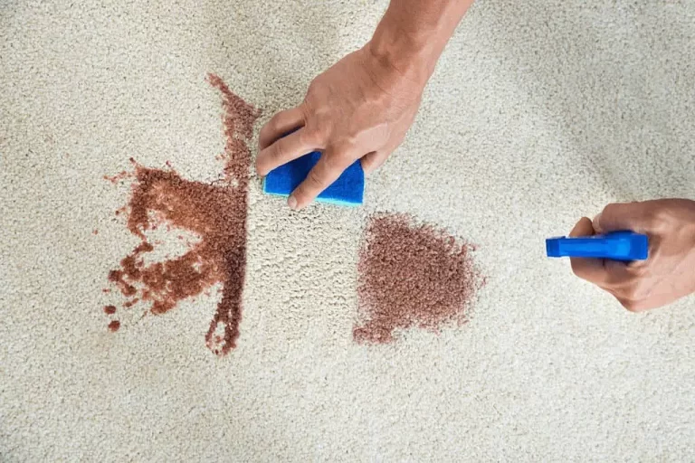 close shot of hands with scrub removing makeup stain from carpet.